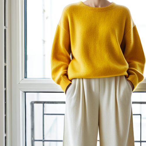 Home 11 Prompt 1:** A woman in a vibrant yellow cashmere sweater and soft, flowing linen trousers, standing by a large window in a brightly lit, minimalist apartment. Her expression is serene and content, reflecting the transformative power of color and texture. Soft morning light illuminates the scene, highlighting the comforting textures of her modest clothing. fully clothed, appropriate attire, professional dress, perfect anatomy, correct proportions, natural pose, well-formed hands, proper finger count, natural body proportions, safe for work, appropriate content, professional, family-friendly, high-resolution, professional photography, clean lines, soft focus, warm color palette.
