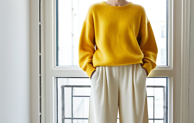 Prompt 1:** A woman in a vibrant yellow cashmere sweater and soft, flowing linen trousers, standing by a large window in a brightly lit, minimalist apartment. Her expression is serene and content, reflecting the transformative power of color and texture. Soft morning light illuminates the scene, highlighting the comforting textures of her modest clothing. fully clothed, appropriate attire, professional dress, perfect anatomy, correct proportions, natural pose, well-formed hands, proper finger count, natural body proportions, safe for work, appropriate content, professional, family-friendly, high-resolution, professional photography, clean lines, soft focus, warm color palette.