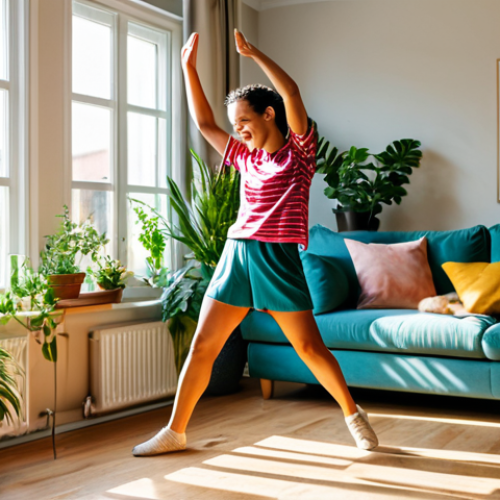 Home 6 **
"A woman joyfully dancing in her living room, fully clothed in comfortable, colorful clothing, with sunlight streaming through the window. The room is decorated with plants and cozy furniture. Safe for work, appropriate content, professional, modest, family-friendly, perfect anatomy, correct proportions, natural pose, well-formed hands, proper finger count, natural body proportions, high-quality rendering."
**
