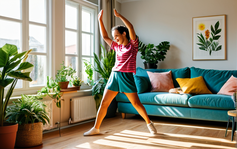 **

"A woman joyfully dancing in her living room, fully clothed in comfortable, colorful clothing, with sunlight streaming through the window. The room is decorated with plants and cozy furniture.  Safe for work, appropriate content, professional, modest, family-friendly, perfect anatomy, correct proportions, natural pose, well-formed hands, proper finger count, natural body proportions, high-quality rendering."

**