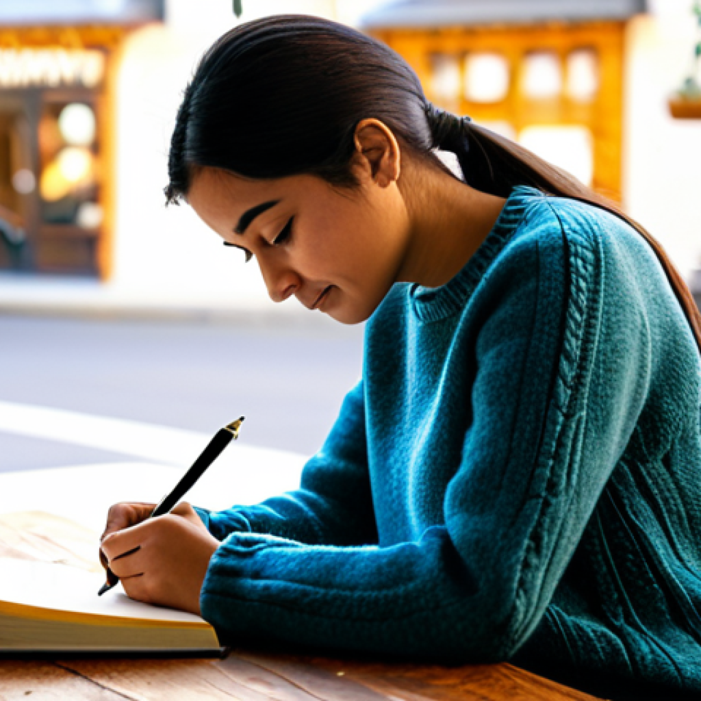 스트레스 해소를 위한 긍정적 사고 훈련 - Gratitude Journal**
A young Hispanic woman sitting at a wooden table in a sunlit cafe, writing in a...