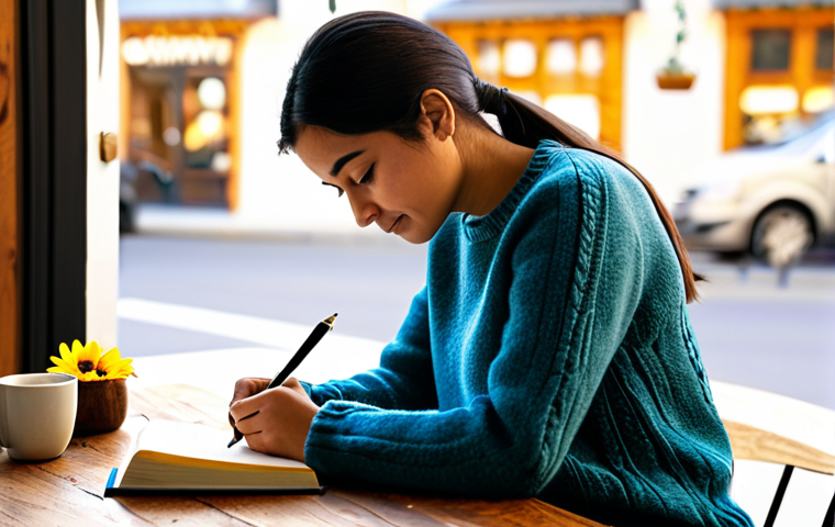 스트레스 해소를 위한 긍정적 사고 훈련 - Gratitude Journal**
A young Hispanic woman sitting at a wooden table in a sunlit cafe, writing in a...