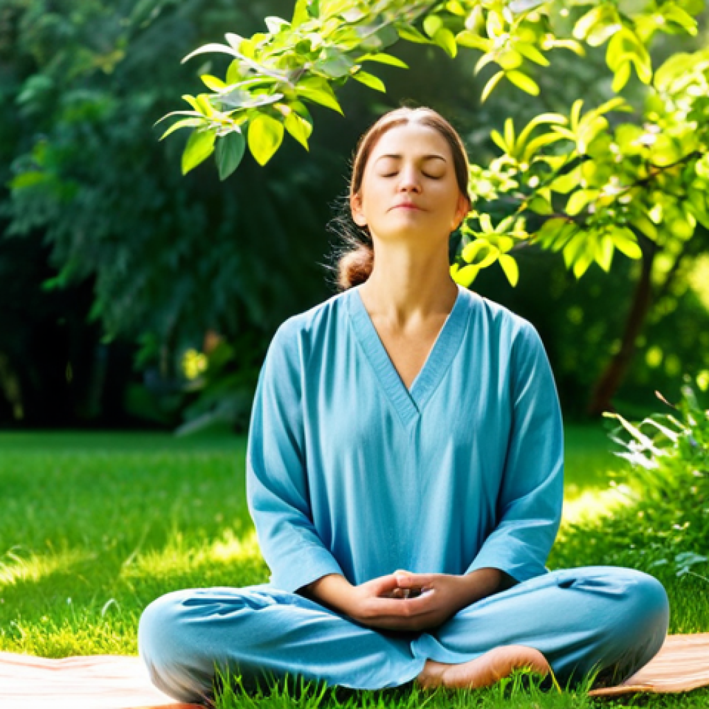 스트레스 해소를 위한 긍정적 에너지 - Meditative Tranquility**

A woman in comfortable, loose-fitting clothing, sitting in a serene park s...