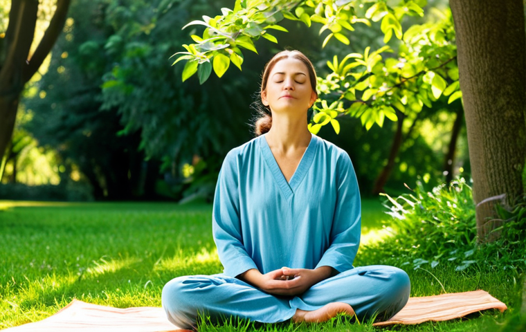스트레스 해소를 위한 긍정적 에너지 - Meditative Tranquility**

A woman in comfortable, loose-fitting clothing, sitting in a serene park s...