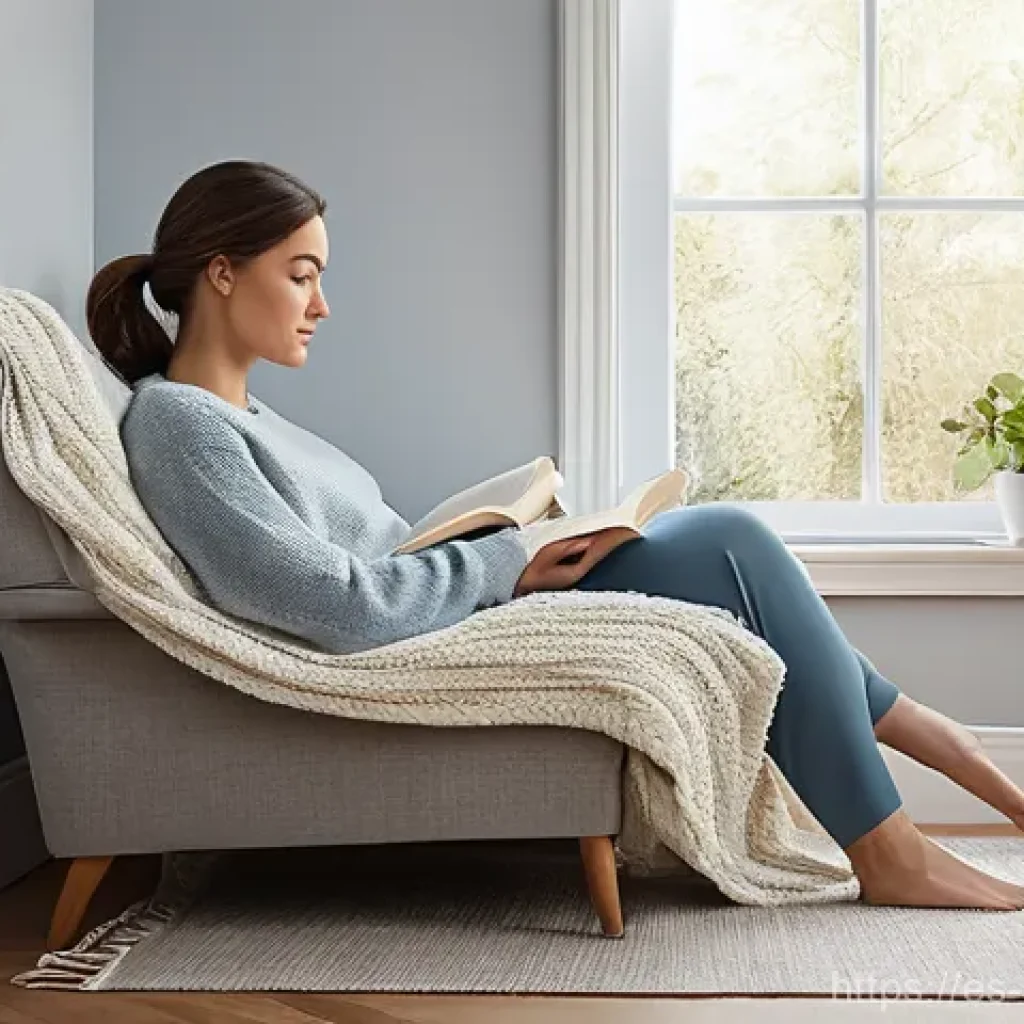 스트레스 해소법  온도와 환경 조절하기 - **"The Perfect Embrace of Comfort"**
    A cozy and inviting living room bathed in soft, natural day...
