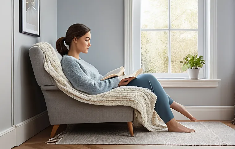스트레스 해소법  온도와 환경 조절하기 - **"The Perfect Embrace of Comfort"**
    A cozy and inviting living room bathed in soft, natural day...