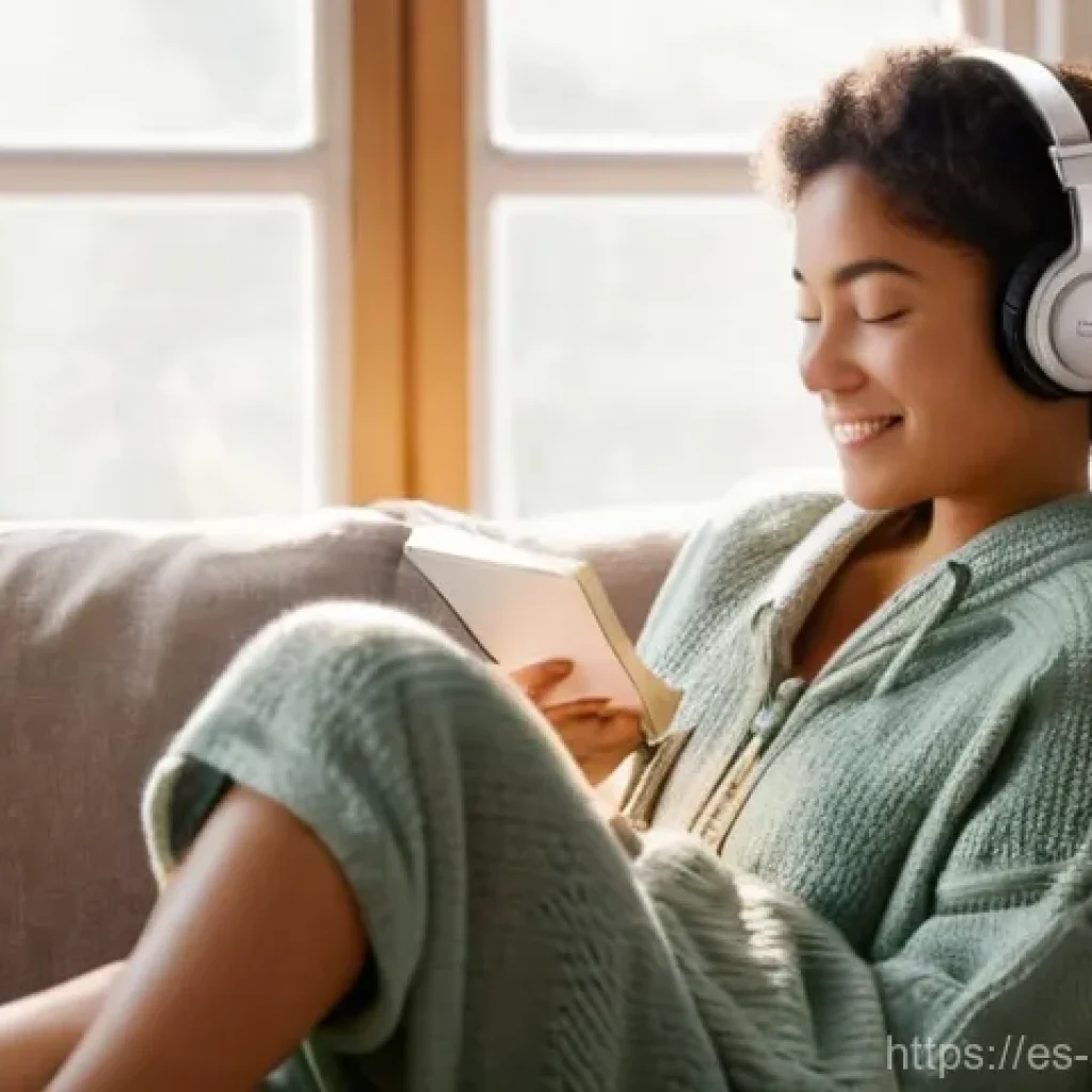 스트레스 해소법 음악 추천 - **Prompt:** A young woman is deeply immersed in music, finding solace and peace after a long, stress...