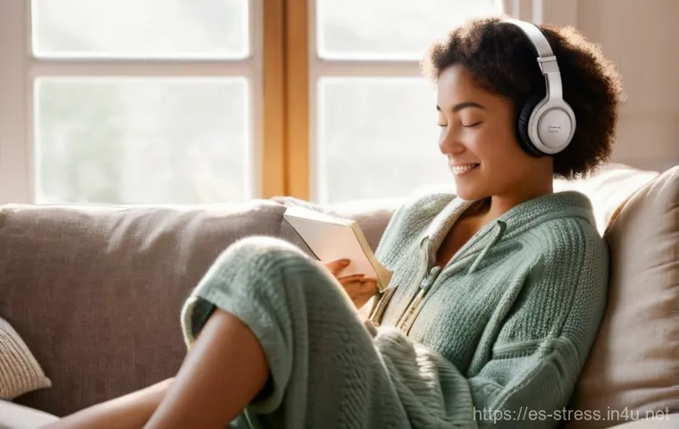 스트레스 해소법 음악 추천 - **Prompt:** A young woman is deeply immersed in music, finding solace and peace after a long, stress...