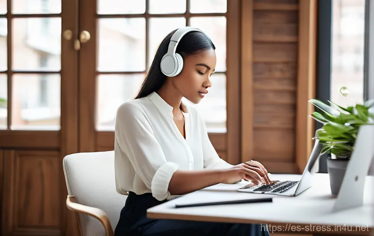 스트레스 해소법 음악 추천 - **Prompt:** A young woman is deeply immersed in music, finding solace and peace after a long, stress...