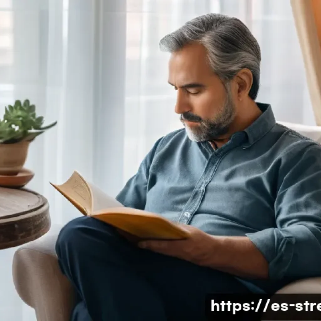 스트레스 해소를 위한 감정 표현법 - A serene Spanish living room setting with a middle-aged man sitting comfortably in a cozy armchair n...