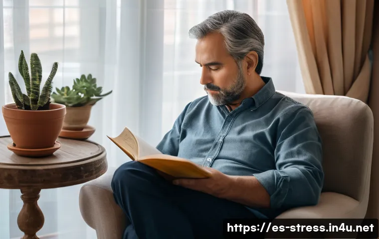 스트레스 해소를 위한 감정 표현법 - A serene Spanish living room setting with a middle-aged man sitting comfortably in a cozy armchair n...