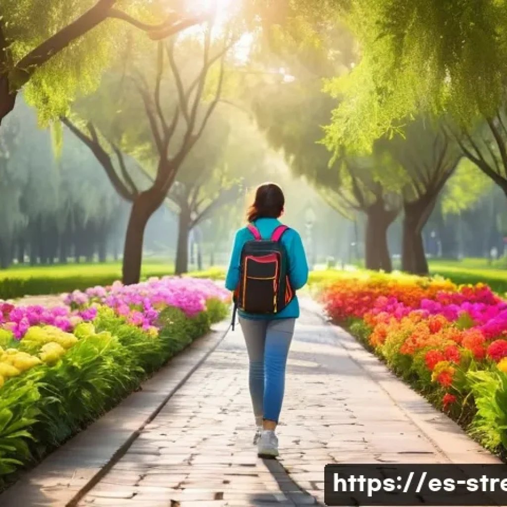 스트레스 해소를 위한 일상 루틴 - A serene urban park scene in a Spanish city during early morning light, featuring a young adult woma...