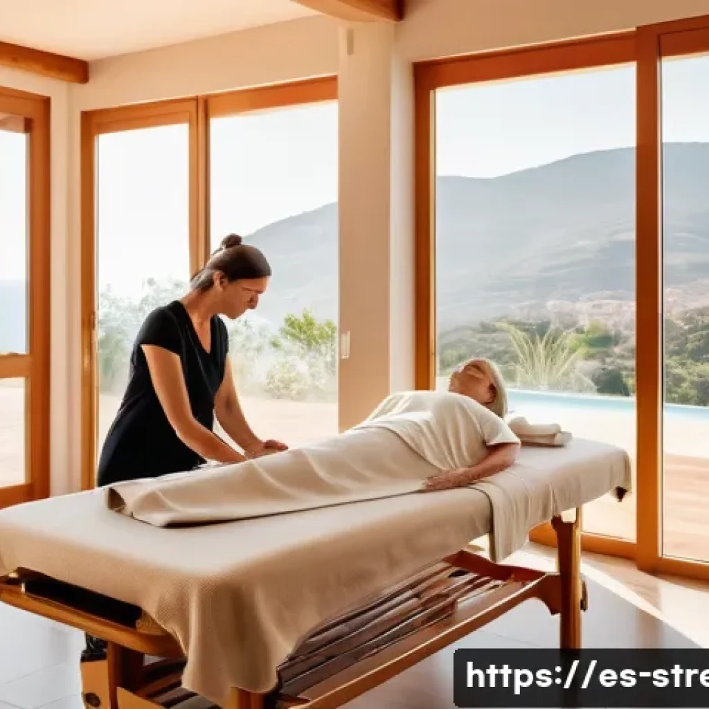 스트레스 해소를 위한 마사지와 스파 - A serene spa scene in a modern wellness center in Spain, featuring a middle-aged woman receiving a S...
