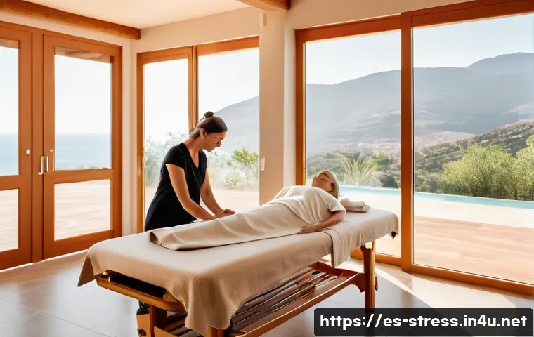스트레스 해소를 위한 마사지와 스파 - A serene spa scene in a modern wellness center in Spain, featuring a middle-aged woman receiving a S...