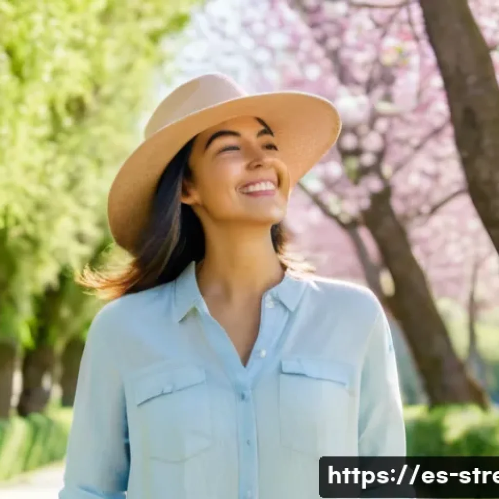 스트레스 해소를 위한 햇볕 받기 - A cheerful young Hispanic woman enjoying a morning walk in a sunny urban park in Spain, wearing comf...
