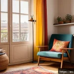 스트레스 해소를 위한 독서와 지식 습득 - A cozy reading nook in a bright Spanish-style apartment, featuring a comfortable armchair with soft ...