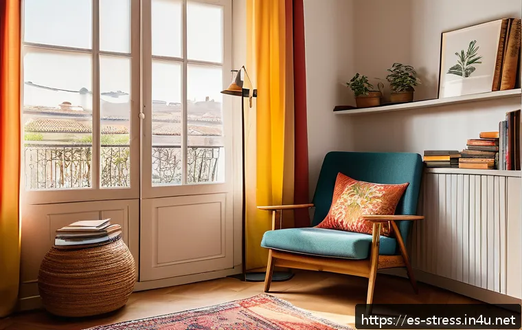 스트레스 해소를 위한 독서와 지식 습득 - A cozy reading nook in a bright Spanish-style apartment, featuring a comfortable armchair with soft ...