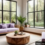 스트레스 해소를 위한 환경 설정 - A cozy living room bathed in soft natural light streaming through large windows, with strategically ...