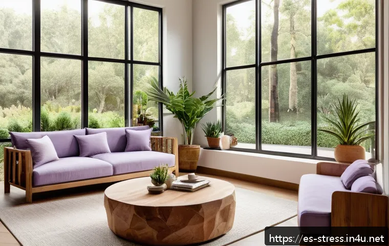 스트레스 해소를 위한 환경 설정 - A cozy living room bathed in soft natural light streaming through large windows, with strategically ...