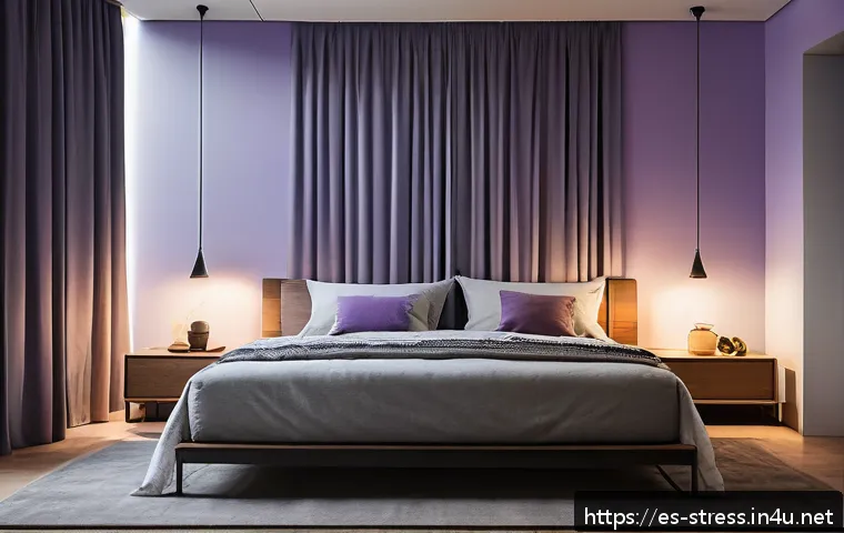 스트레스 해소를 위한 수면 패턴 조정 - A cozy, modern bedroom designed as a sleep sanctuary for a Spanish-speaking user, featuring blackout...