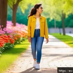 스트레스 해소를 위한 창의적인 표현법 - A serene urban park scene in spring with a young Hispanic woman casually walking without a fixed des...