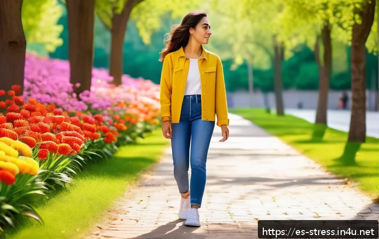 스트레스 해소를 위한 창의적인 표현법 - A serene urban park scene in spring with a young Hispanic woman casually walking without a fixed des...