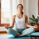 스트레스 해소를 위한 마인드풀니스 - A serene indoor scene featuring a young Hispanic woman practicing the 4-7-8 breathing technique whil...