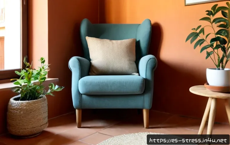 스트레스 해소를 위한 나만의 힐링 공간 만들기 - Photorealistic cozy personal healing corner in a Spanish apartment, a comfortable linen armchair bes...