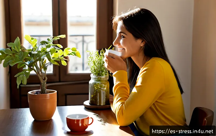 Home 17 스트레스 해소를 위한 긍정적인 자기대화 - Photorealistic lifestyle scene of a Spanish woman in her early 40s sitting calmly at a sunlit kitche...